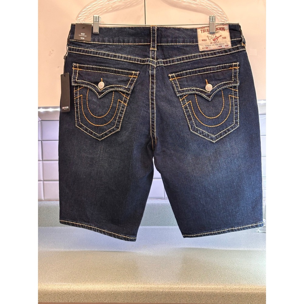 True Religion Ricky Big T Flap Denim Shorts Dark Miner Blue Mens 36 NWT 700576